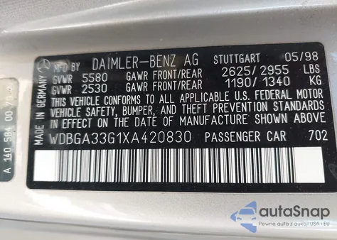 1999 Mercedes-Benz S 320 из США, поврежденный, VIN WDBGA33G1XA420830